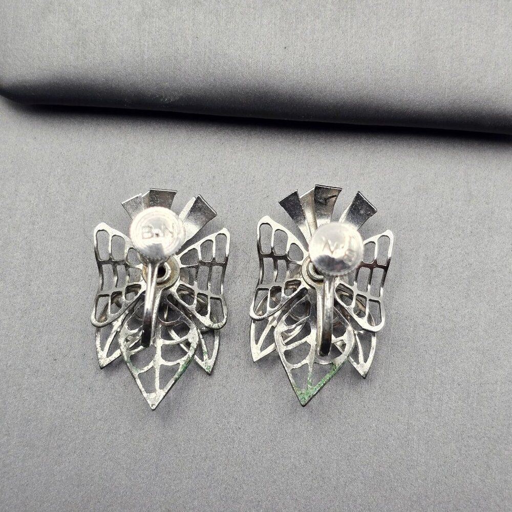 VTG Bugbee Niles Clear Rhinestone Filigree Bows Screw Back Earrings Silver Tone - Picture 4 of 8